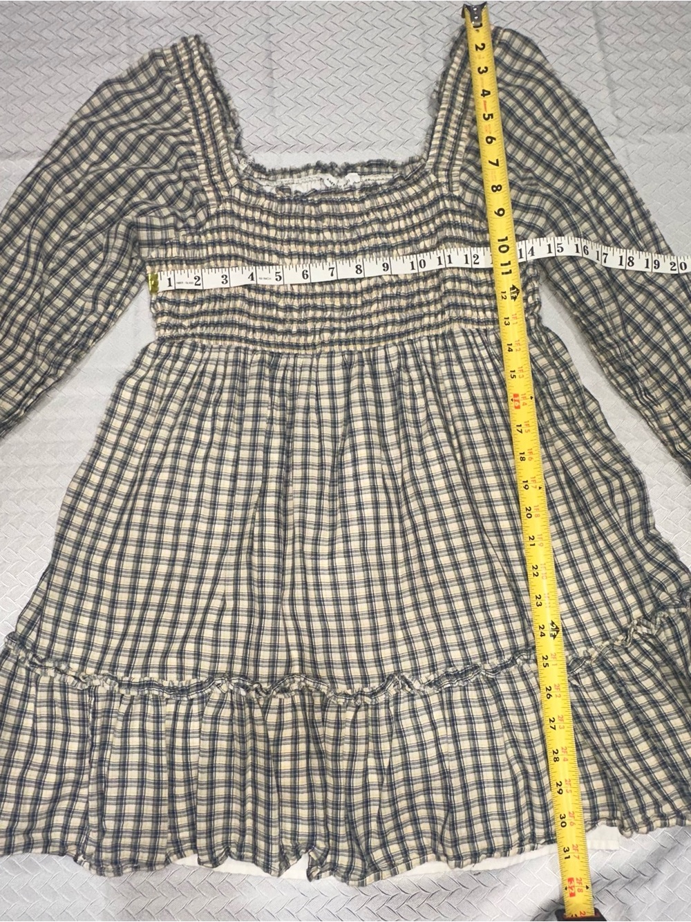 American Eagle Outfitters Cream and Navy Plaid Smocked Dress